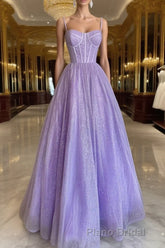 A Line Glitter Tulle Formal Prom Dresses with Pockets